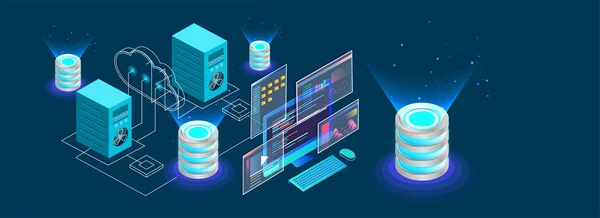 Desktop Isometrico Connesso Server Database Sfondo Blu Progettazione Isometrica Basata — Vettoriale Stock