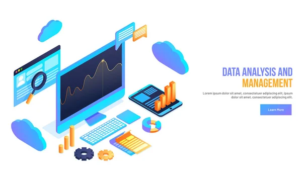 Datenanalyse Und Managementkonzept Basierend Illustration Desktop Mit Mehreren Infografik Elementen — Stockvektor