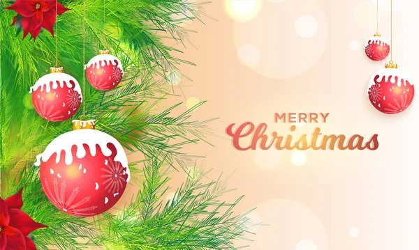 Joyeux Noël Affiche Bannière Décorée Avec Des Feuilles Pin Vert — Image vectorielle