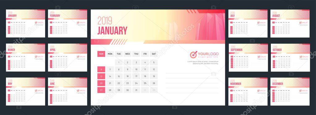2019 yearly calendar design with space for your image.