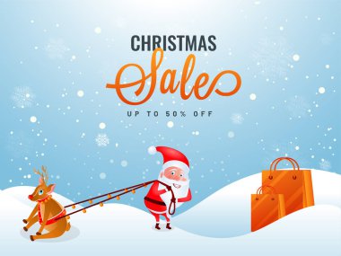 Noel satış poster veya şablon tasarım, tp % 50 indirim teklif, Ren geyiği ve kar yağışı kış arka plan üzerinde alışveriş torbaları ile sevimli Noel Baba çizimi.