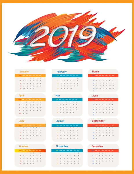 2019 Рік Дизайн Настінного Календаря Абстрактним Штрихом Пензля — стоковий вектор