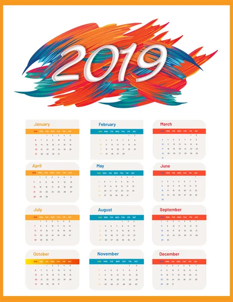 Calendrier Mural Annuel 2019 Avec Coup Pinceau Abstrait — Image vectorielle