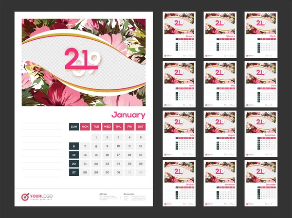 Flores Decoradas Calendário Organizador Design Para Ano 2019 —  Vetores de Stock
