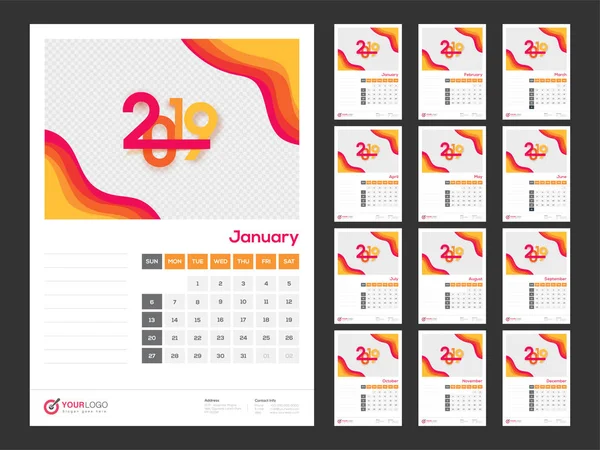 Комплект Месяцев Ежегодный Календарь Дизайн 2019 Год Пространством Вашего Изображения — стоковый вектор