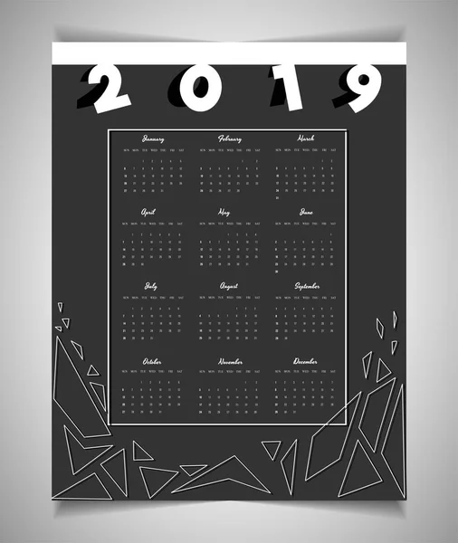 Text Papíru 2019 Abstraktní Prvky Kompletní Sada Walldesign Kalendář Měsíců — Stockový vektor
