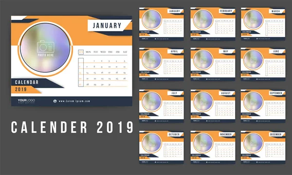 Ensemble Complet Calendrier Annuel Mois Pour 2019 Avec Espace Pour — Image vectorielle