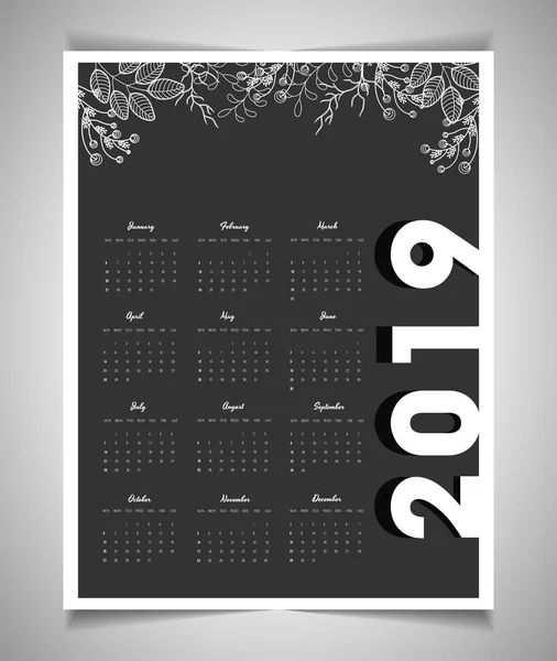 Väggdesign Kalender För 2019 Dekorerad Med Doodle Blommor Svart Bakgrund — Stock vektor