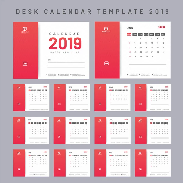 为2019年每年12个月的台历设计 为您的重要笔记提供空间 — 图库矢量图片