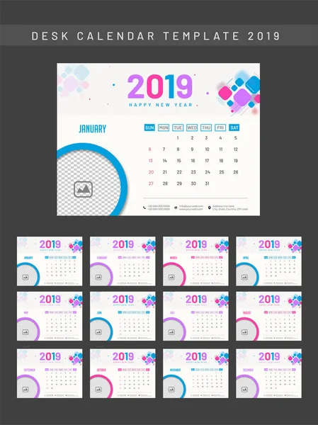 Ensemble Complet Calendrier Bureau Annuel Mois Pour 2019 Avec Espace — Image vectorielle