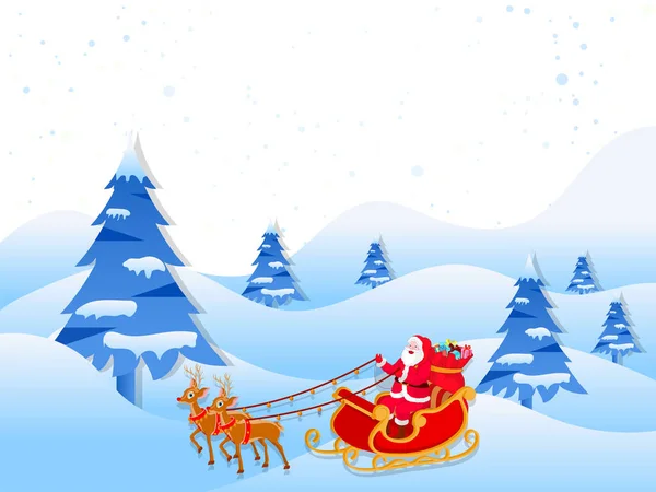 幸せなサンタ クロース メリー クリスマス祭り祭典概念の冬の風景の背景にそりに乗って — ストックベクタ