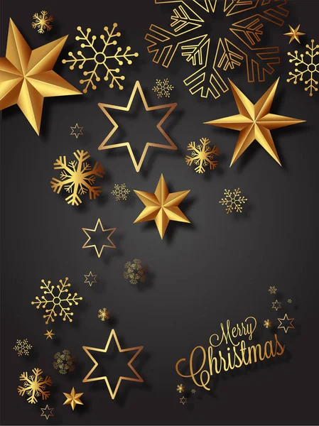 Feliz Navidad Diseño Tarjeta Felicitación Decorada Con Estrellas Doradas Copos — Vector de stock