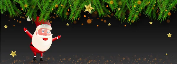 网站海报或横幅设计与可爱的圣诞老人条款字符在黑色背景装饰与绿叶为快乐圣诞庆祝 — 图库矢量图片