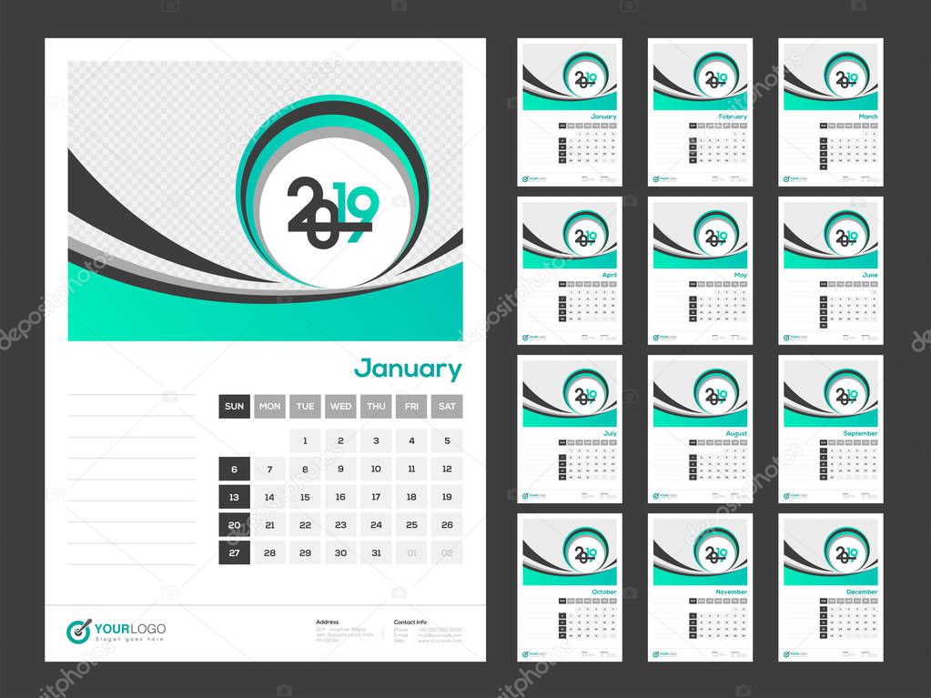 Wall calendar design for year 2019 with company contact details and space for your image.