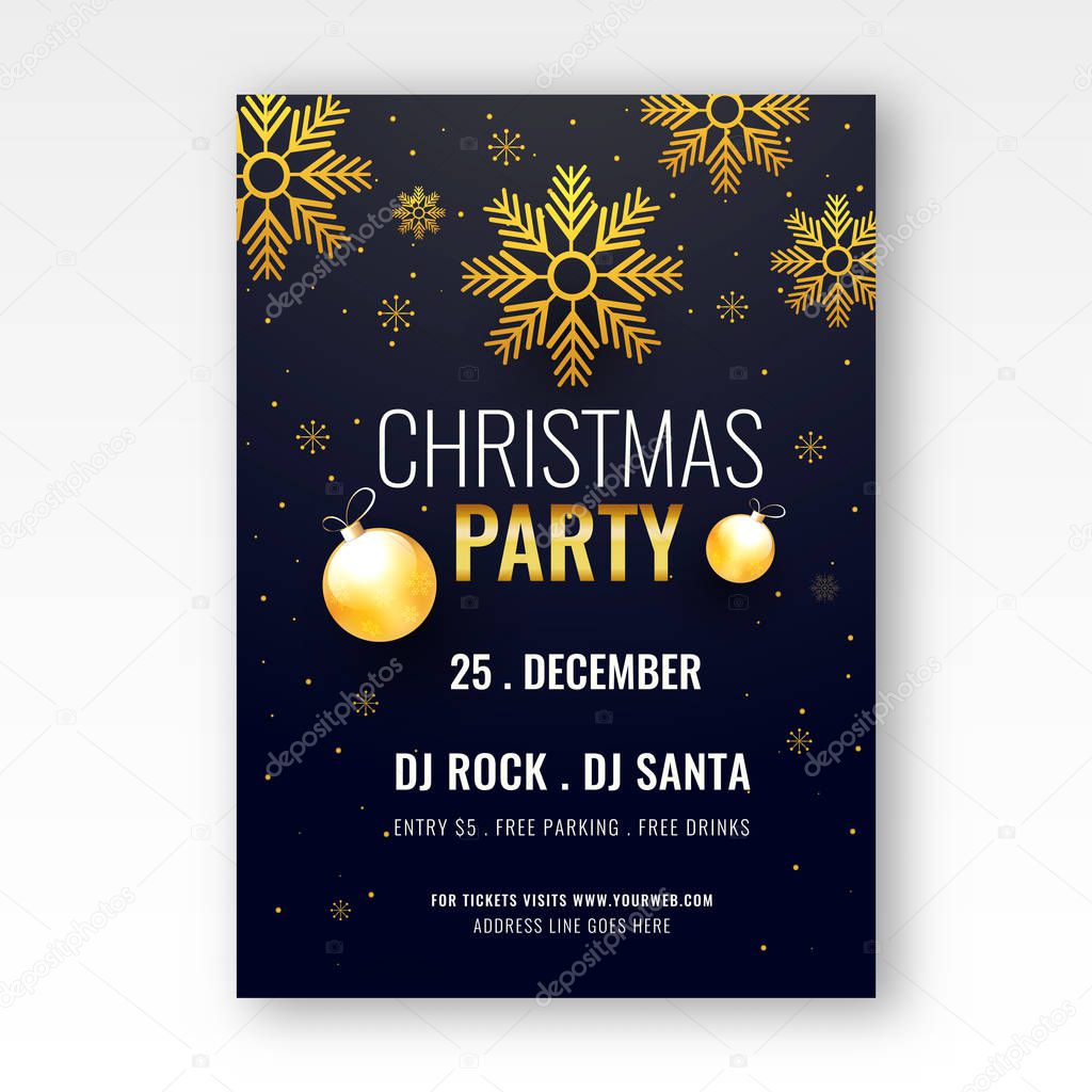 Christmas party template or flyer design decorated with golden snowflakes on black background can be used as invitation card design.