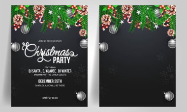 İki Noel partisi el ilanı veya şablonu tasarım çam yaprakları, holly Karpuzu ve baubles ile dekore edilmiş.