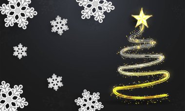 Parlak yaratıcı xmas ağacı kar taneleri ile siyah arka plan üzerine dekore edilmiştir. Tebrik kartı tasarımı olarak neşeli Noel Festivali için kullanılabilir.