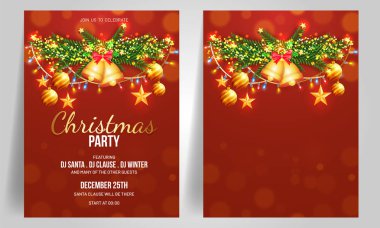 Festival elemanları ile dekore edilmiş iki seçeneklerinde tasarım Noel partisi şablonu veya el ilanı.