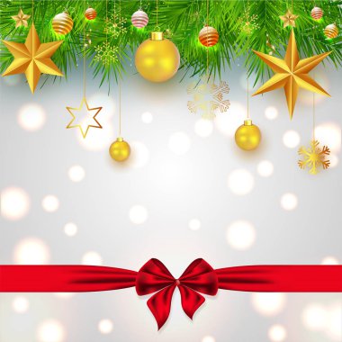Baubles ve çam yaprakları parlak bokeh arka plan üzerinde gerçekçi yıldız Festivali kutlama tebrik kartı tasarım süslenmiş.