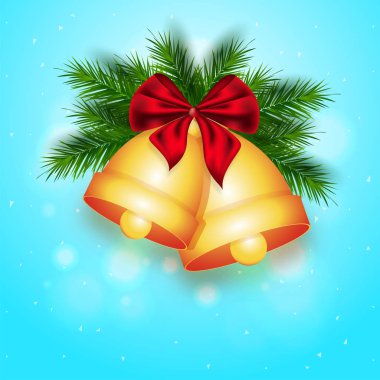 Mavi arka plan üzerinde gerçekçi jingle bells tebrik kartı tasarımı olarak kullanılabilir.