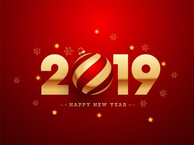 Mutlu yeni yıl kutlama konsepti için altın metinle 2019 parlak kırmızı poster veya tebrik kartı tasarımı.