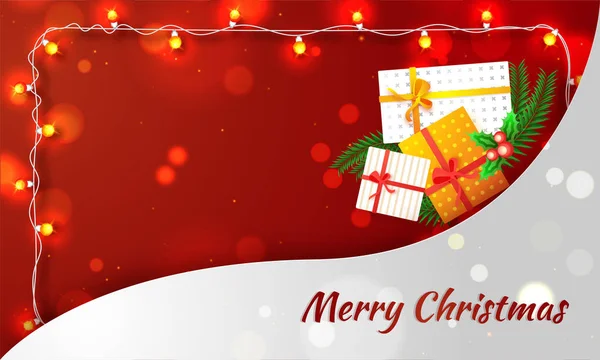 照明ガーランドで飾られた赤ボケ背景にはギフト ボックスの図と平面図メリー クリスマス グリーティング カード デザイン — ストックベクタ