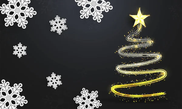 黒の背景に雪の結晶の光沢のある創造的なクリスマス ツリーが飾られています メリー クリスマス フェスティバルのグリーティング カードのデザインとして使用できます — ストックベクタ