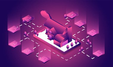 Eve bağlı akıllı ve teknoloji cihazlar aracılığıyla Internet ağ, Internet şeyler arka plan ile kontrol.