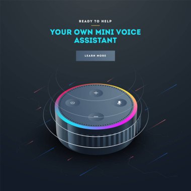 Akıllı ses tanıma Gadget'ı. Ev danışmanı veya kişisel asistanı. Yapay zeka teknolojisi aygıt.