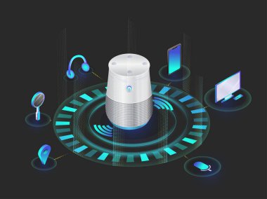 Akıllı ses tanıma Gadget'ı. Ev danışmanı veya kişisel asistanı. Yapay zeka teknolojisi aygıt.