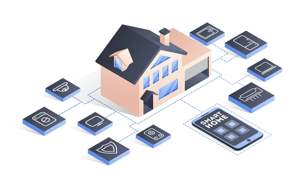 Hogar Inteligente Conectado Control Con Dispositivos Tecnológicos Través Red Internet — Archivo Imágenes Vectoriales