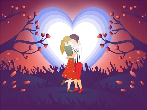 Schattig Paar Liefde Volle Maan Nacht Achtergrond Aftelkalender Voor Valentijnsdag — Stockvector