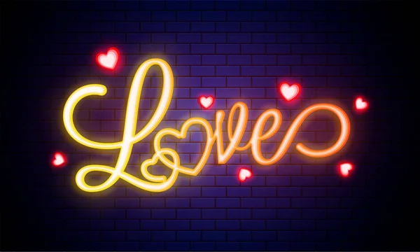 Texte Lumineux Amour Avec Des Formes Coeur Sur Mur Briques — Image vectorielle