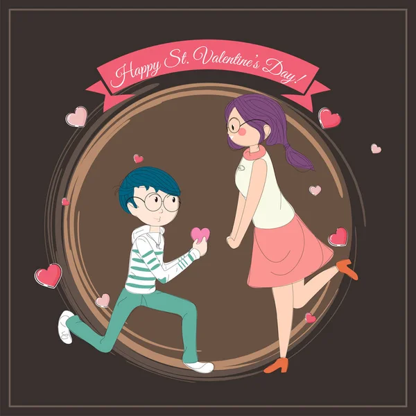 Illustration Couple Mignon Happy Valentine Day Conception Carte Voeux — Image vectorielle