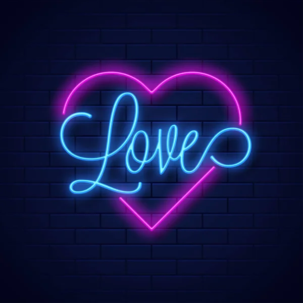 青いレンガ壁の背景にネオン テキスト愛と心形 — ストックベクタ