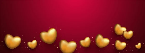 Golden Heart Shapes Red Background Love Banner Design — Stock Vector