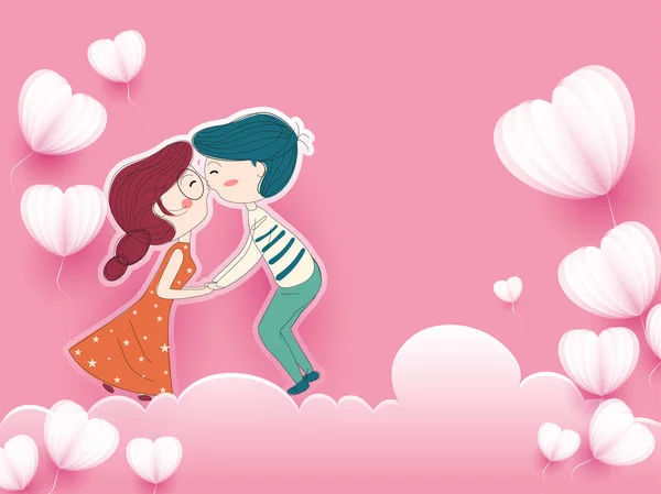 Nettes Verliebtes Paar Himmel Papierherzformen Und Wolke Hintergrund Zum Valentinstag — Stockvektor
