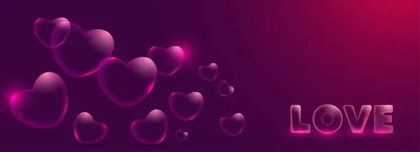 Love Banner Design Con Forme Cuore Lucide Trasparenti — Vettoriale Stock