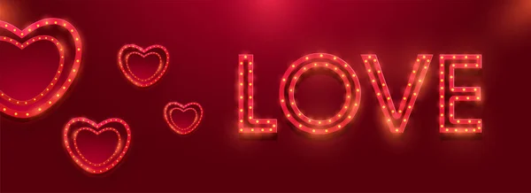 Formas Rojas Del Corazón Decoradas Con Luces Carpa Diseño Banner — Vector de stock