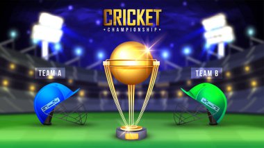 Kriket Şampiyonası afiş ile kazanan altın kupa ve rekabetçi takım kask gece Stadyumu arka plan üzerinde.