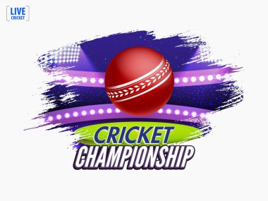 Kriket Şampiyonası Poster veya banner tasarımı için gece Stadyumu görünümü arka plan üzerinde parlak kırmızı top.