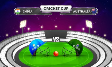 Cricket tournament, India vs Australia match banner design, cricket attire helmets with winning trophy on night stadium background. clipart