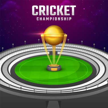 Kriket Şampiyonası şablonu veya afiş tasarım için gece Stadyumu arka plan parlak altın kazanan Kupası.