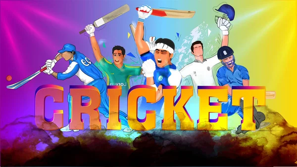 Крикетчики Игре Трехмерным Текстовым Крикетом Глянцевом Красочном Фоне — стоковый вектор
