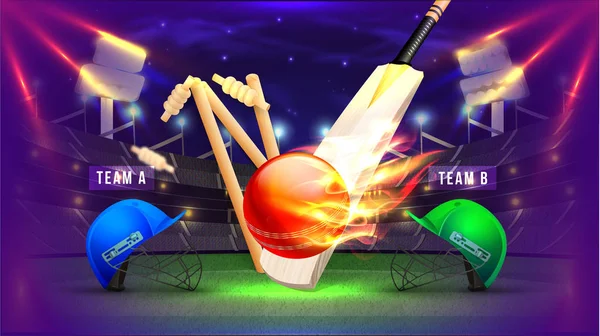 Cricket Competition Poster Illustration Cricket Attire Helmets Bats Wickets Ball — Stock Vector