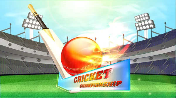 Pallone Cricket Realistico Fiamme Con Pipistrello Sullo Sfondo Dello Stadio — Vettoriale Stock