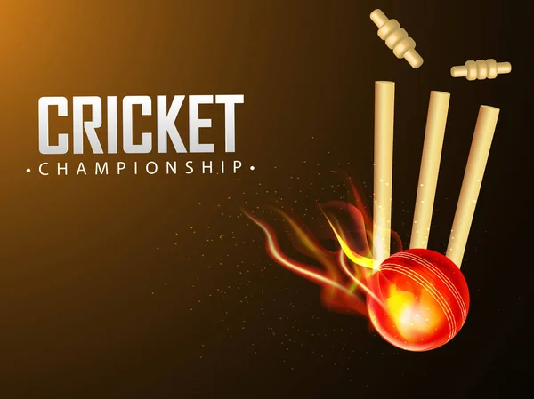 Fiery Ball Hit Wicket Stumps Glossy Brown Background Cricket Championship — Stock Vector