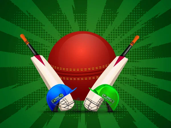 Cricket attire with ball and bats on green halftone rays background for Live cricket tournament concept.