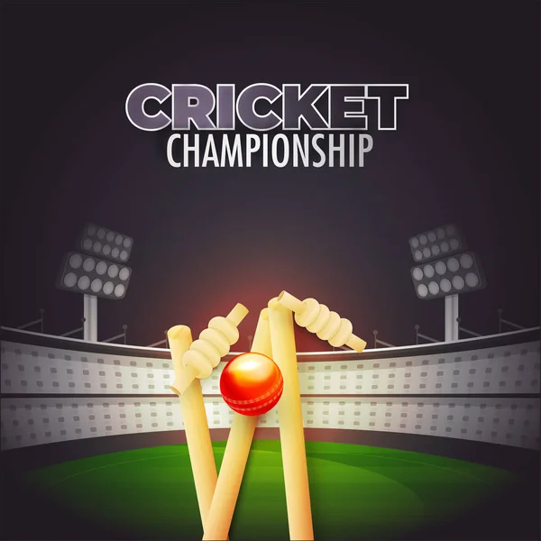 Cricket Championship Modelo Design Cartaz Bola Batendo Tocos Wicket Fundo —  Vetores de Stock