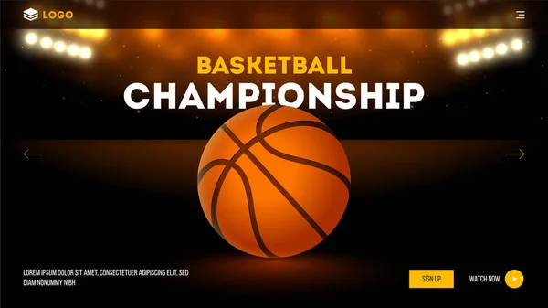 篮球锦标赛概念为基础的着陆页设计 逼真的篮球在模糊的体育场背景 — 图库矢量图片